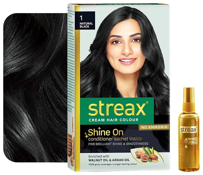 Streax Hair Serum Vitalized with Walnut Oil, For Hair Smoothening & Shine Permanent Hair Colour, 100% Grey coverage, Infused with Argan and Walnut Oil